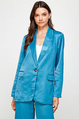 Oversize Textured Satin Feel Blazer Sea Breeze