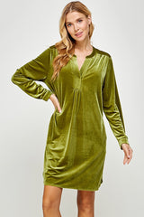 Deep V Velvet Long Sleeve Shirt Dress Moss