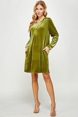 Deep V Velvet Long Sleeve Shirt Dress Moss