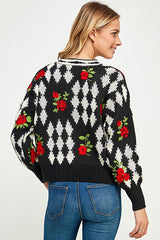 Floral Embroidery Detail Sweater Cardi Black + Red