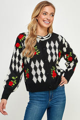 Floral Embroidery Detail Sweater Cardi Black + Red