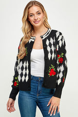 Floral Embroidery Detail Sweater Cardi Black + Red
