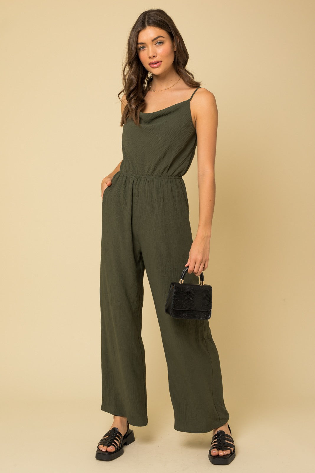 Adjustable Strap Cowl Neck Jumpsuit Olive