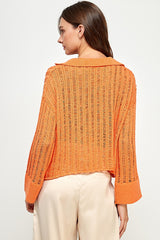 Everett Open Knit Textured Polo Sweater Orange