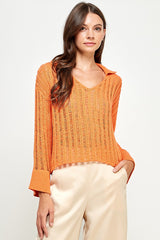 Everett Open Knit Textured Polo Sweater Orange
