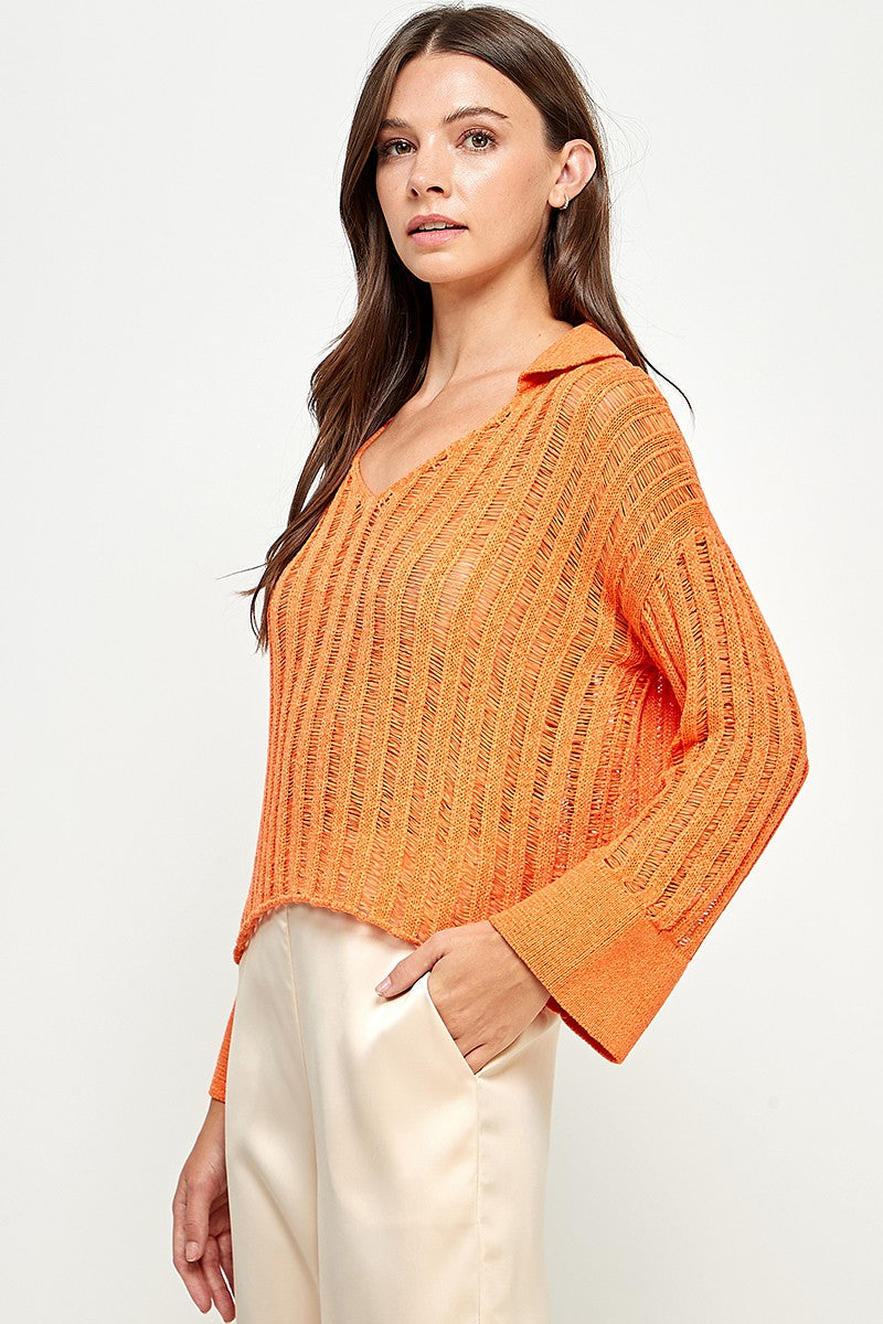 Everett Open Knit Textured Polo Sweater Orange