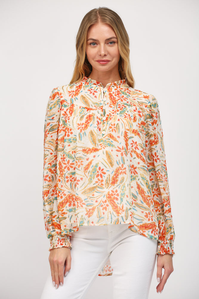 Frill Neck Buttoned Floral Print Smock Sleeve Blouse Cream Multi