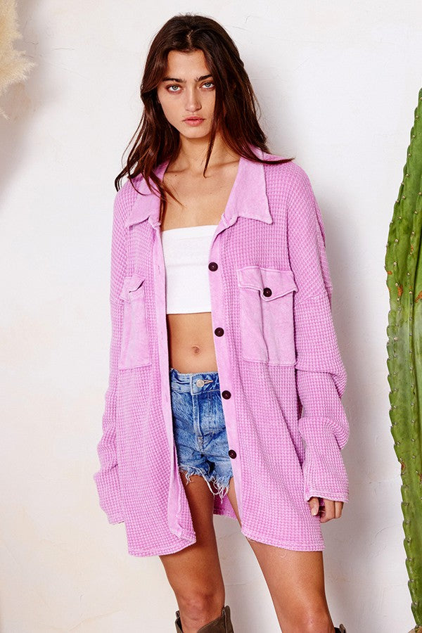 Vintage Wash Waffle Knit Shacket Lavender