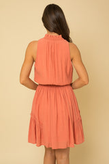 Vneck Ruffle Collar Smock Waist Dress Salmon