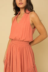 Vneck Ruffle Collar Smock Waist Dress Salmon