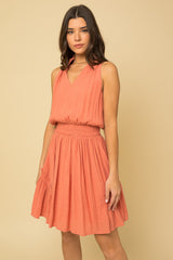 Vneck Ruffle Collar Smock Waist Dress Salmon