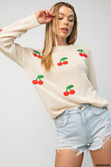 Cherry Print Crew Neck Sweater Cream + Red