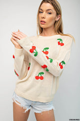Cherry Print Crew Neck Sweater Cream + Red