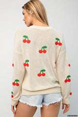 Cherry Print Crew Neck Sweater Cream + Red