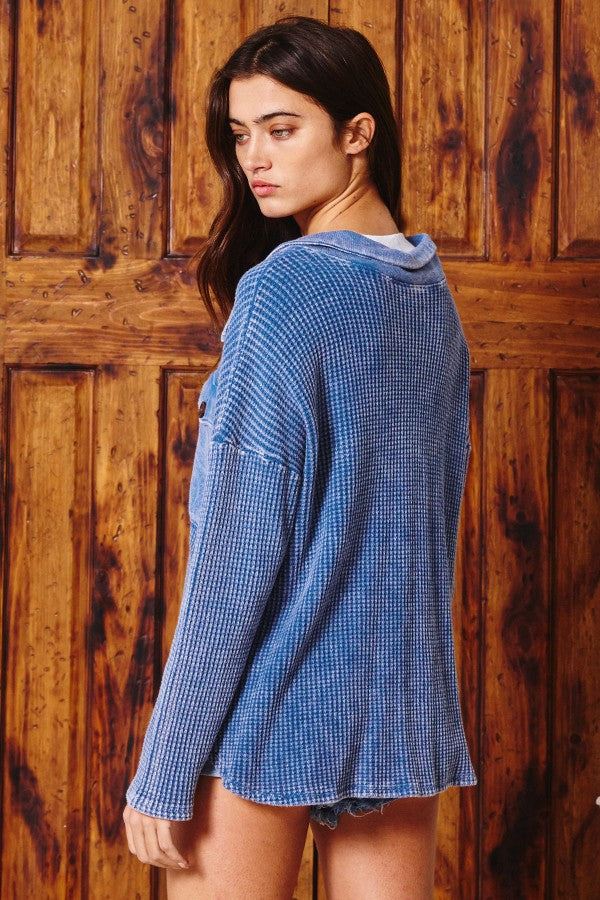 Vintage Wash Waffle Knit Shacket Denim Blue