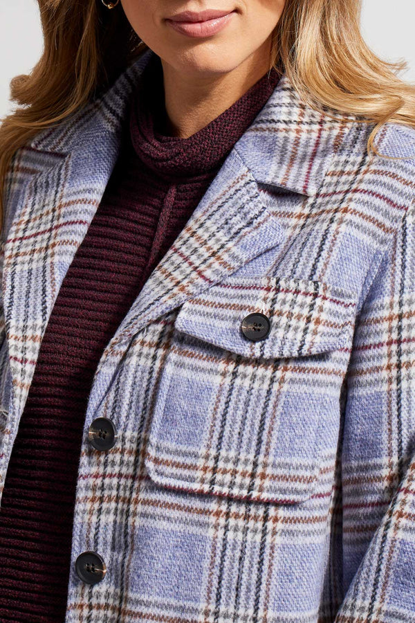 Notch Collar Plaid Long Shacket Blue Lake