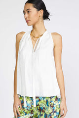 Lace Trim Tonal Tie Neck Halter Neck Blouse White