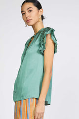 Lace Trim Ruffle Cap Sleeve Blouse Sage Green