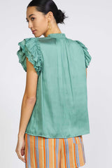 Lace Trim Ruffle Cap Sleeve Blouse Sage Green