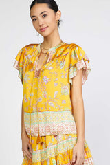 Border Print Layered Flutter Sleeve Blouse Yellow Multi
