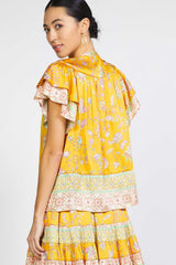Border Print Layered Flutter Sleeve Blouse Yellow Multi