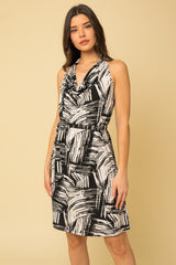 Abstract Drape Neck Tied Belt Mini Dress Black + White
