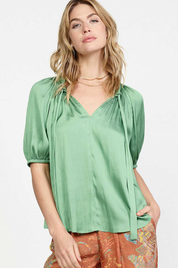 Short Sleeve Silky Feel Tie Neck Blouse Grass Green