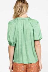 Short Sleeve Silky Feel Tie Neck Blouse Grass Green