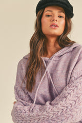 Cable Knit Sleeve Hoodie Sweater Twotone Lavender