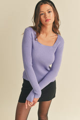Fitted Ribbed Square Neck Sweater Top Lilac