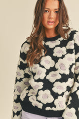 Sherpa Flowers Knit Crew Neck Sweater Black Floral
