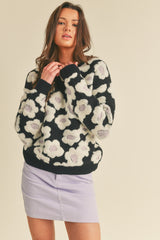 Sherpa Flowers Knit Crew Neck Sweater Black Floral