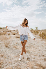 Crochet Piping Tied Vneck Long Sleeve Blouse White