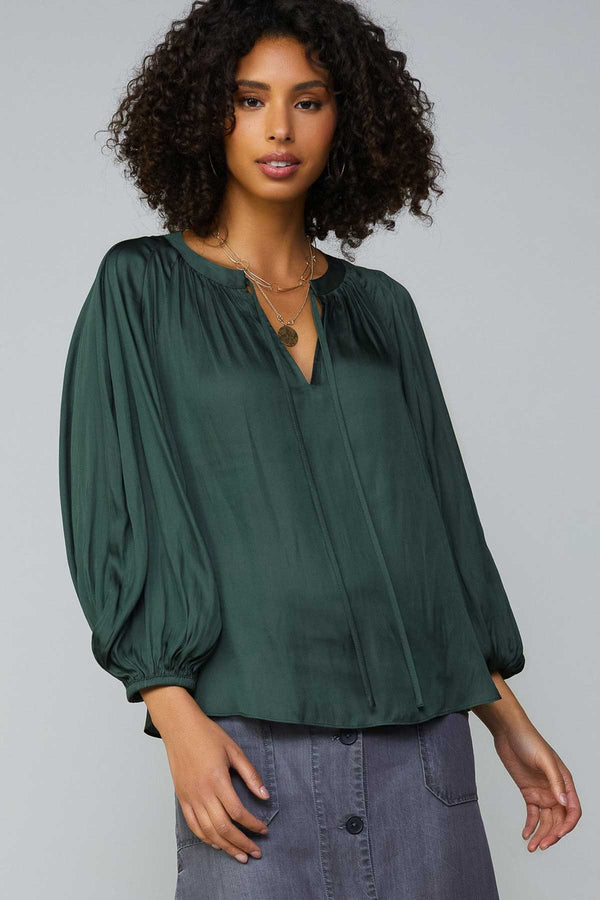 Raglan Sleeve Slit Neck Blouse Forest Green