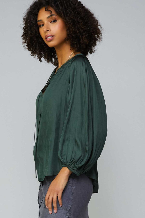 Raglan Sleeve Slit Neck Blouse Forest Green