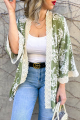 Floral Print Lace Detail Kimono