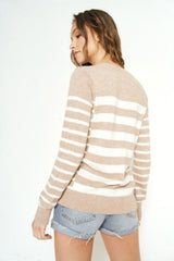 Round Neck Side Slit Stripe Sweater Tan Mix