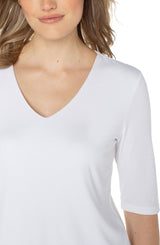 Double Layer 1/2 Sleeve Rib V Neck Top Cream