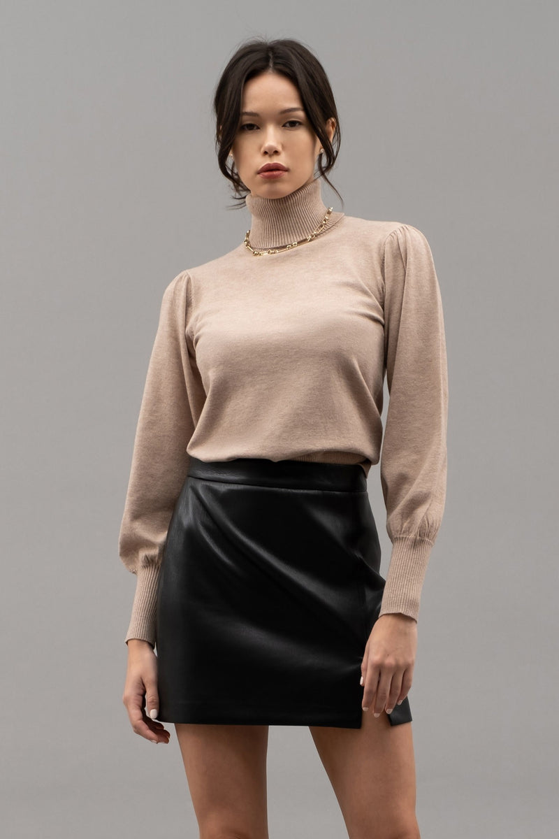 Solid High Neck Long Sleeve Knit Top Taupe