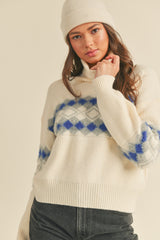 Mohair Mix Diamonds Turtleneck Sweater Ivory + Grey