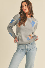 Floral Knit Drop Shoulder Round Neck Sweater Grey Multi