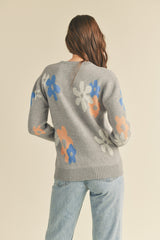 Floral Knit Drop Shoulder Round Neck Sweater Grey Multi