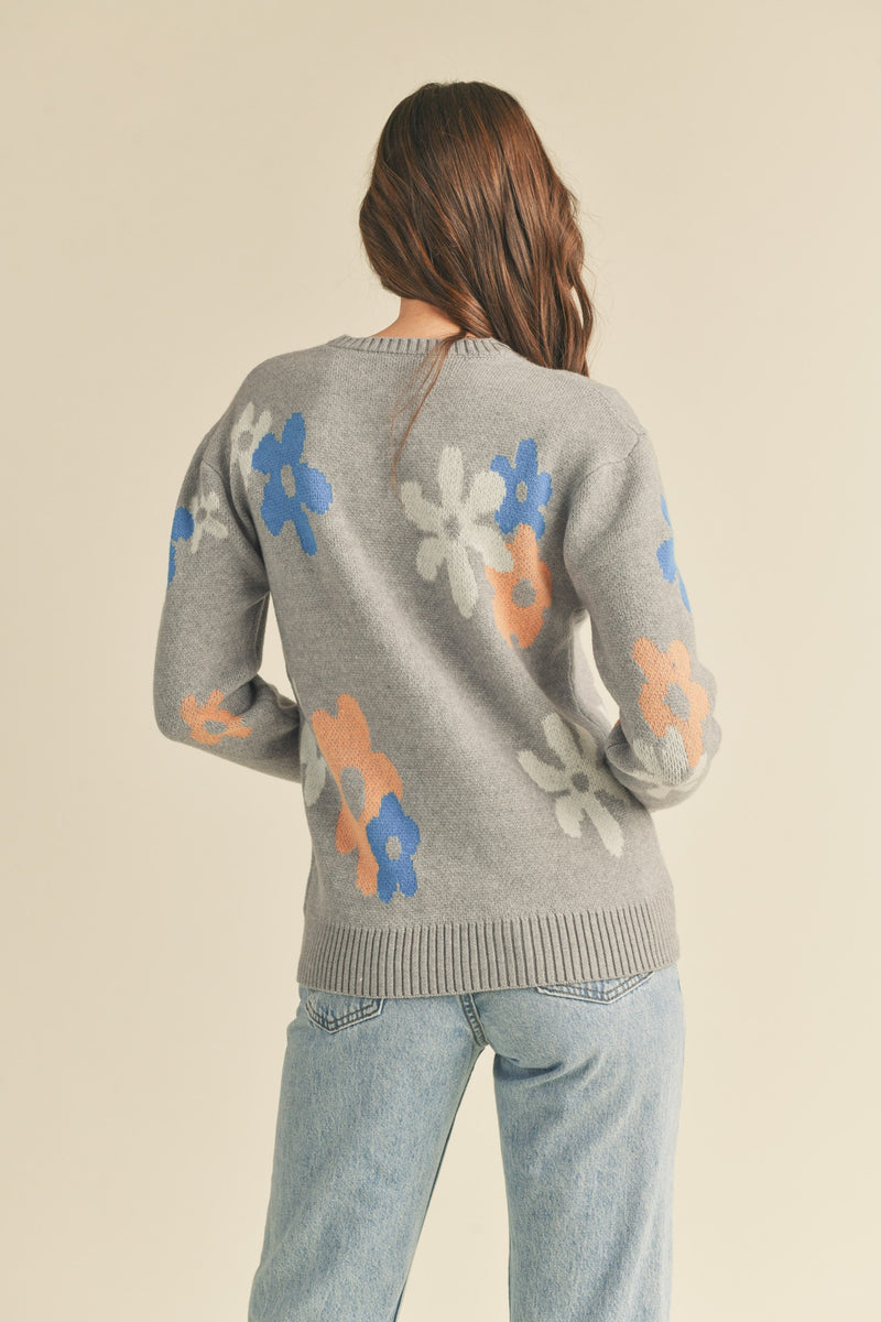 Floral Knit Drop Shoulder Round Neck Sweater
