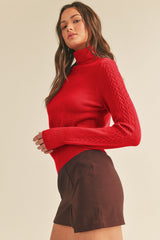 Cable Knit Sleeve Turtleneck Sweater French Red