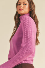 Cable Knit Sleeve Turtleneck Sweater Candy Purple