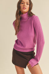 Cable Knit Sleeve Turtleneck Sweater Candy Purple