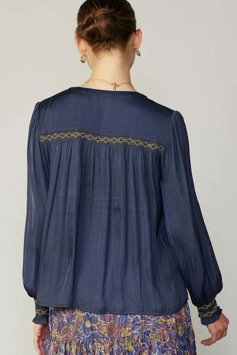 Embroidered Details Shoulder Tab Top Navy