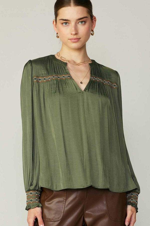 Embroidered Details Shoulder Tab Top Olive Green