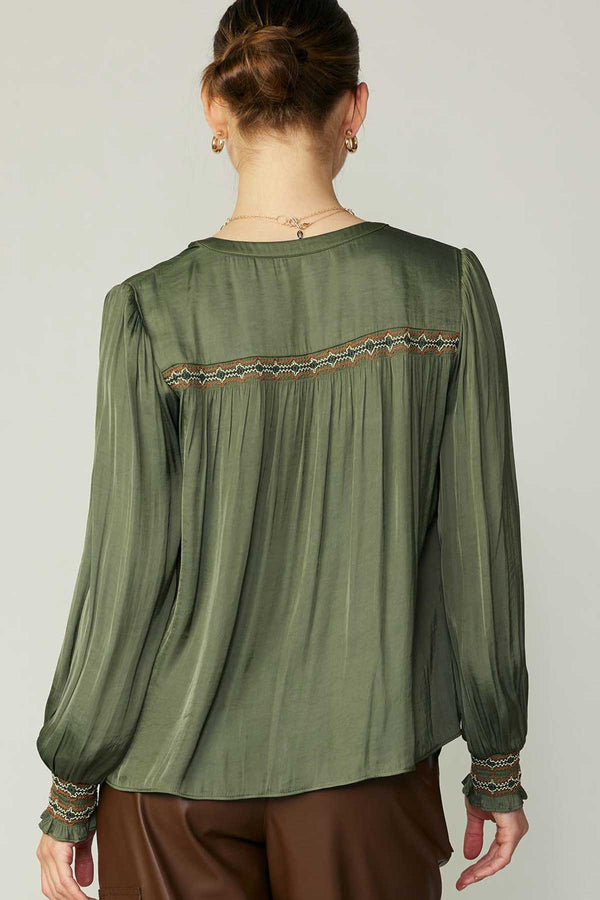 Embroidered Details Shoulder Tab Top Olive Green
