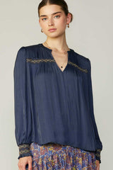 Embroidered Details Shoulder Tab Top Navy